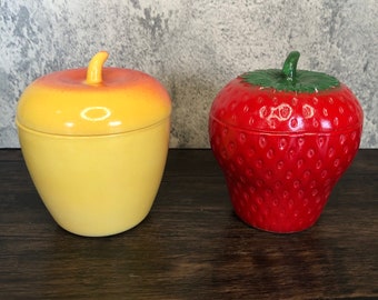 Your Choice! Vintage Hazel Atlas Art Glass Apple or Strawberry Fruit Jam Jars Trinket Jewelry Display Decor Dish. Lovely Bright Colors.