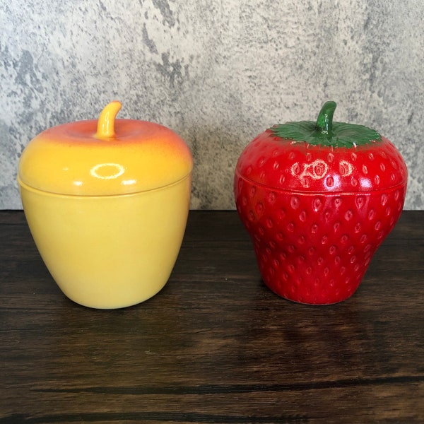 Your Choice! Vintage Hazel Atlas Art Glass Apple or Strawberry Fruit Jam Jars Trinket Jewelry Display Decor Dish. Lovely Bright Colors.