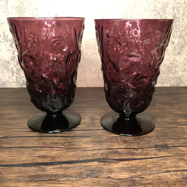 Pair, Set of 2 Vintage Bryce El Rancho Amethyst Plum Purple Crinkle Glass Footed Tumbler Iced Tea Goblet Glasses, 1950s-60s