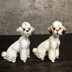 Your Choice: Vintage Norcrest Porcelain Ceramic Handpainted Sitting White Poodle Dog Figurines Statues A720. Made in Japan. 1950s