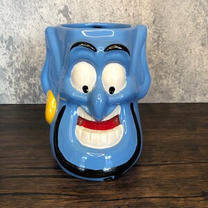 Vintage Walt Disney Aladdin 3D Blue Genie Grinning Face Large Ceramic Coffee Tea Hot Cocoa Mug Ponytail Handle. Collectible Display Decor