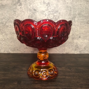 Vintage LE Smith Amberina Moon & Stars Open Scalloped Rim Compote Centerpiece Collectible Art Glass Ombre Orange to Amber to Ruby Red.