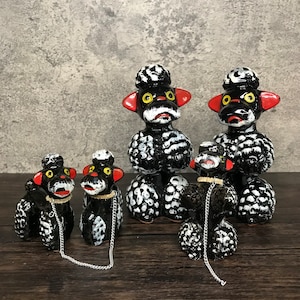 Set of 5, Vintage Redware Porcelain Ceramic Fluffy Black Poodle Dog Figurine Statues with Collars Begging and Standing, 1950s, Made in Japan