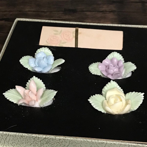 Vintage Verithin Lenwile China Ardalt Japan Floral Flowers Name Cardholder Set of 4, original box. Party, Dinner, Brunch, Wedding