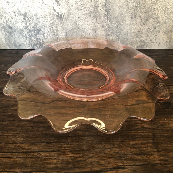 Antique Light Salmon Pink Depression Glass Large Bowl Paneled Pattern, Rolled Edges, and Scalloped Rim Centerpiece Statement piece. Elegant.