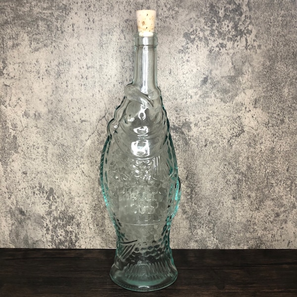 Vintage Tall Vetreria Etrusca Light Sage Aqua Blue Embossed Fish Shaped Pressed Glass Display Decanter Bottle Cork Stopper Made in Italy