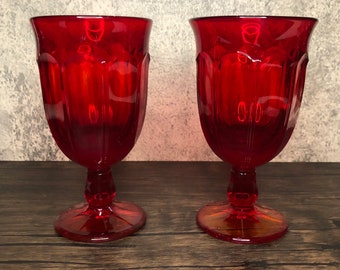 Vintage Viking Pair, Set of 2 Ombre Amberina Yellow Cadmium Orange to Provincial Ruby Red Glass Paneled Sides Iced Tea Goblets, 1970s.