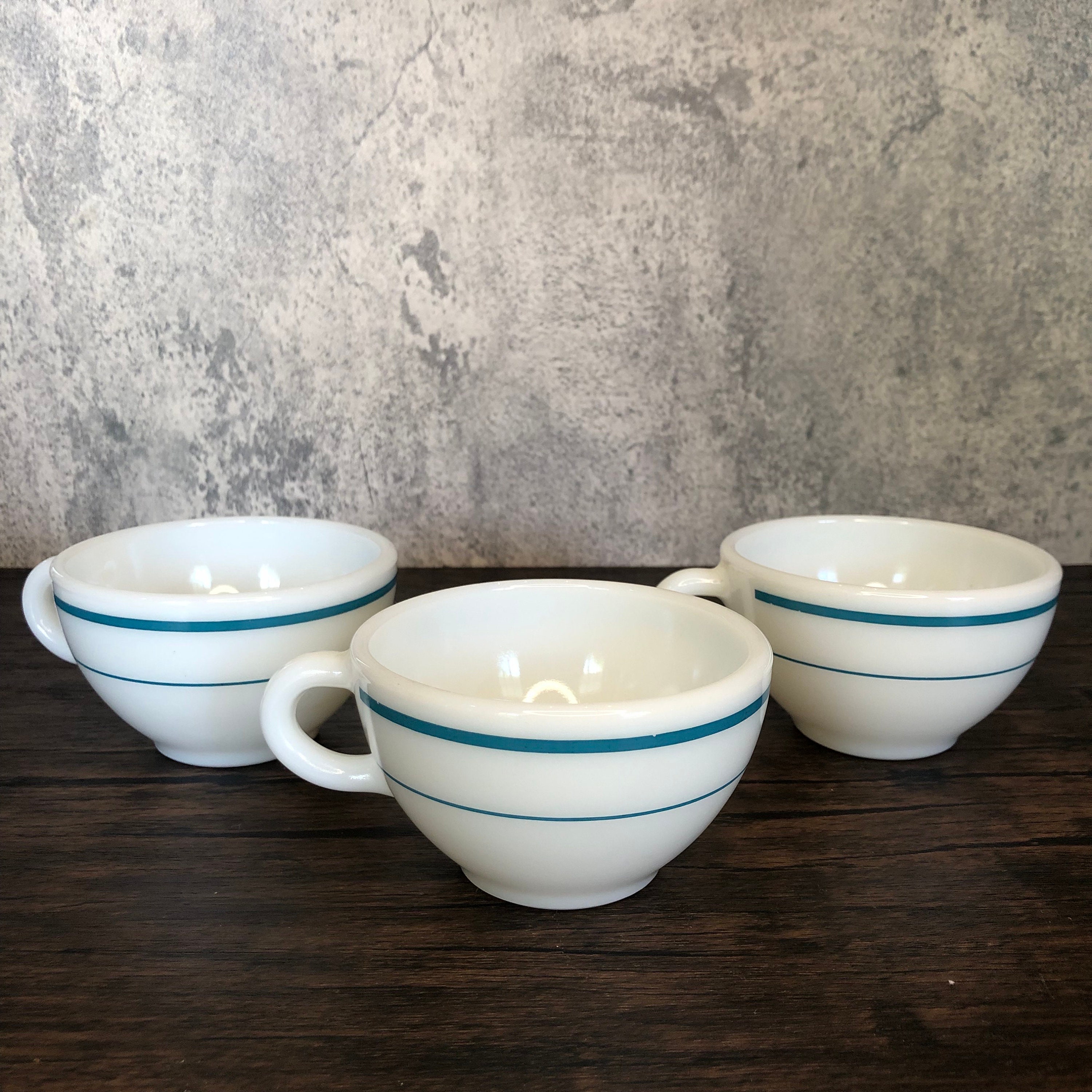 Vintage Pyrex Milk Glass Tea Cups: Cerulean Blue Stripe, Set of 3