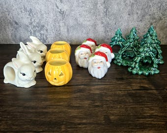 Your Choice: Various Vintage Holiday Napkin Ring Holders Porcelain Evergreen Trees Santa Claus Faces Halloween Jack o Lantern Easter Bunnies