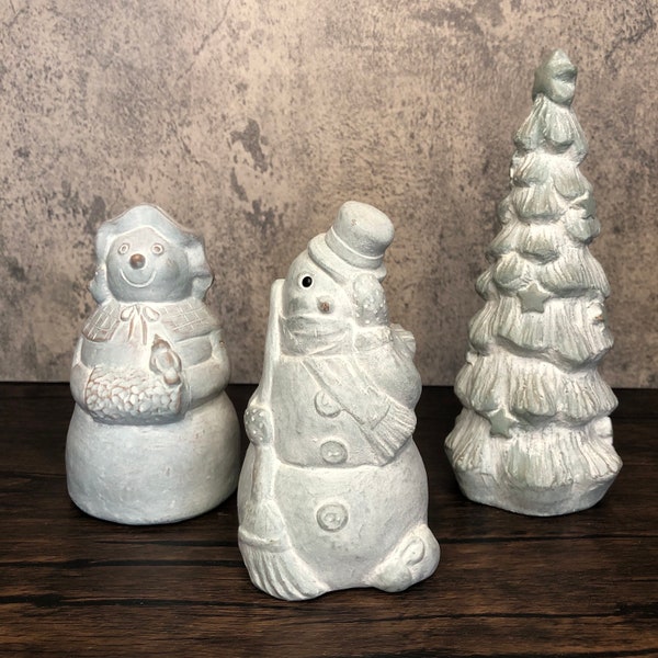 Vintage Isabel Bloom Trio, Set of Concrete Art Sculptures Tree with Stars, Frosty and Mrs Snowman Christmas Winter Display Decor, 1997-99
