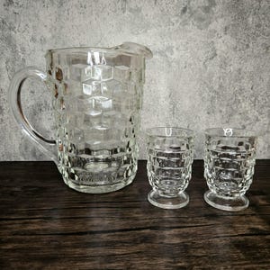 3 piece Set, Vintage Colony Whitehall Cubist Clear Glass Water Juice Lemonade 52 oz Pitcher and 2 Juicr Footed Tumbler Glasses, 1960s