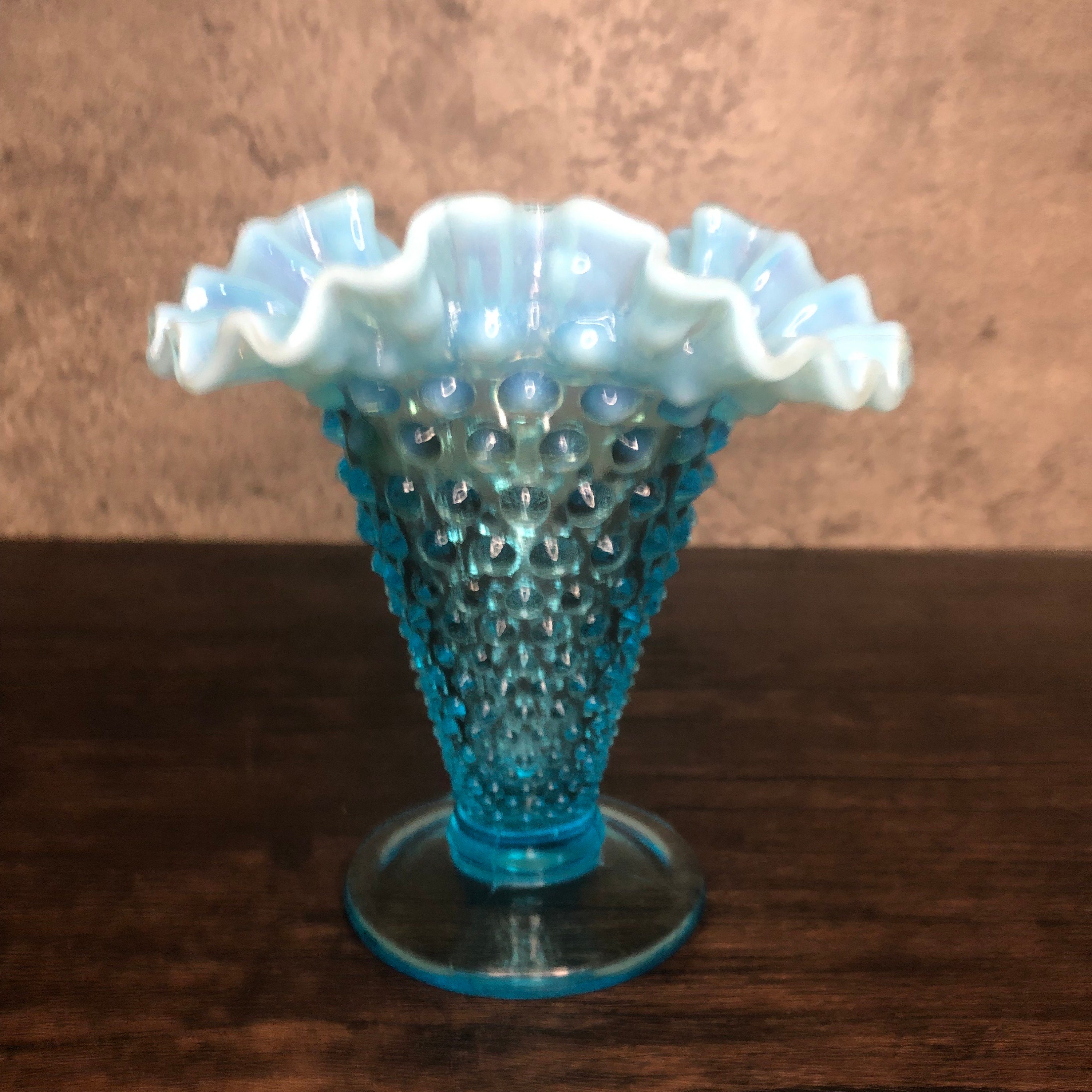 Vintage Fenton Aqua Blue Hobnail Vase: Opalescent Ruffled Rim Art Glass ...