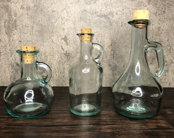 Your Choice: Vintage Vetreria Etrusca Light Sea Green Glass Oil Vinegar Cruet Decanter Kitchen Display Bottle Cork Stopper. Made in Italy.