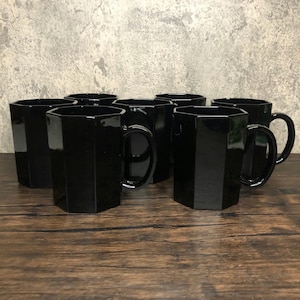 Vintage Arcoroc Octime Black Glass Mugs: Octagonal Coffee Tea Cups, 1980s