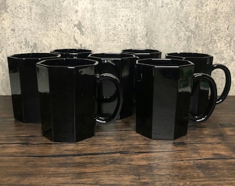 Vintage Arcoroc Octime Black Glass Mugs: Octagonal Coffee Tea Cups, 1980s
