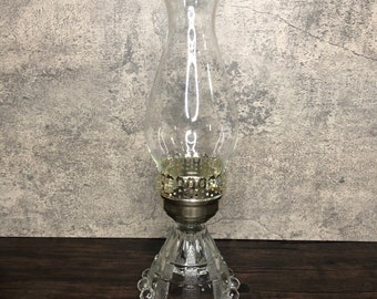 Vintage Clear and Metal Single Taper Candlestick Holder with Circular Ball Base and Clear Glass Hurricane. Converted from Oil Lamp