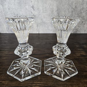 Pair, Set of 2 Vintage Waterford Clear Crystal Chatham Heavy Thick Clear Cut Crystal Single Taper Candlestick Holders. Hollywood Glamour