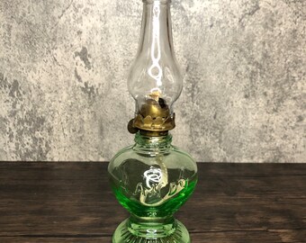 Rare!! Antique Handy Bright Shamrock Green Uranium Vaseline Depression Glass UV Blacklight Glow Miniature Kerosene Oil Lamp Display, 1920s