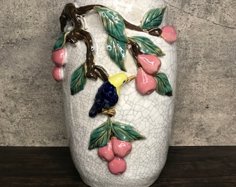 Vintage Pottery Crackle Glaze Large Heavy Vase Sculptural 3D Majolica Two Tiered with Branch of Fruit and Eurasian Golden Oriole Bird.