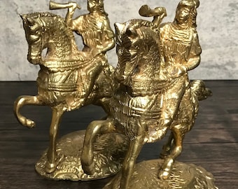 Rare! Vintage Pair of Heavy Solid Brass Horse Calvary Men Mongolian Warriors Fighters with Bugle Horns Statues Bookends MCM, 1950s.