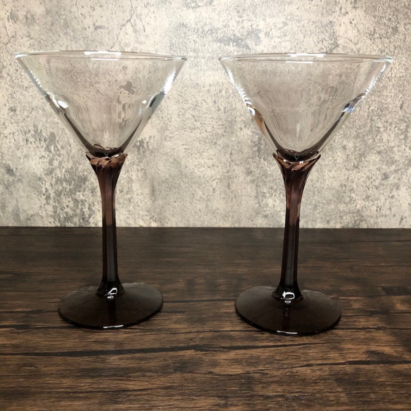 Pair, Set of 2 Vintage Libbey Domaine Purple Clear Glass Bowl Dark Amethyst Purple Petal Connection Stemmed Base Martini Glasses Barware