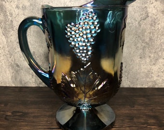 Vintage Indiana Glass Iridescent Peacock Cobalt Blue Carnival Glass Embossed Grape Vine Pattern Thick Heavy Glass Water Beverage Pitcher