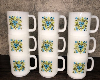 Choose Quantity: Vintage Glasbake Blueberry Motif Design Milk Glass Coffee Tea Hot Chocolate Mug with Handle, 1960s Punch Tea Coffee Cups.
