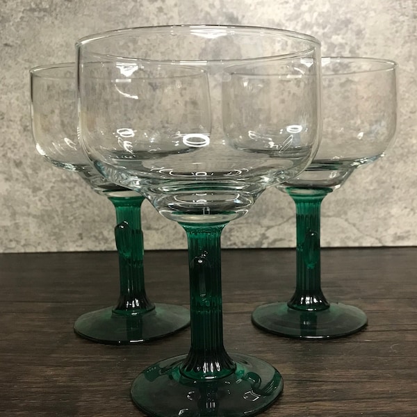 Set of 3 Vintage Libbey Clear Glass with Bright Green Ribbed Cactus Glass Stemmed Margarita Glasses. Unique / Fun / Party / Barware / MCM