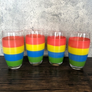 Vintage Set of 4, Gibson Rainbow Striped Red, Yellow, Blue, and Green Clear Handblown Glass Water Iced Tea Soda Drinking Tumbler Glasses.