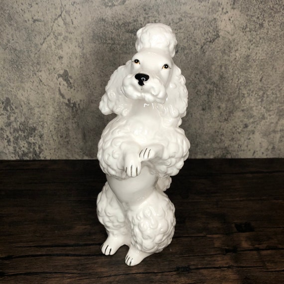 Vintage Handpainted Porcelain Poodle Figurine: Tall White