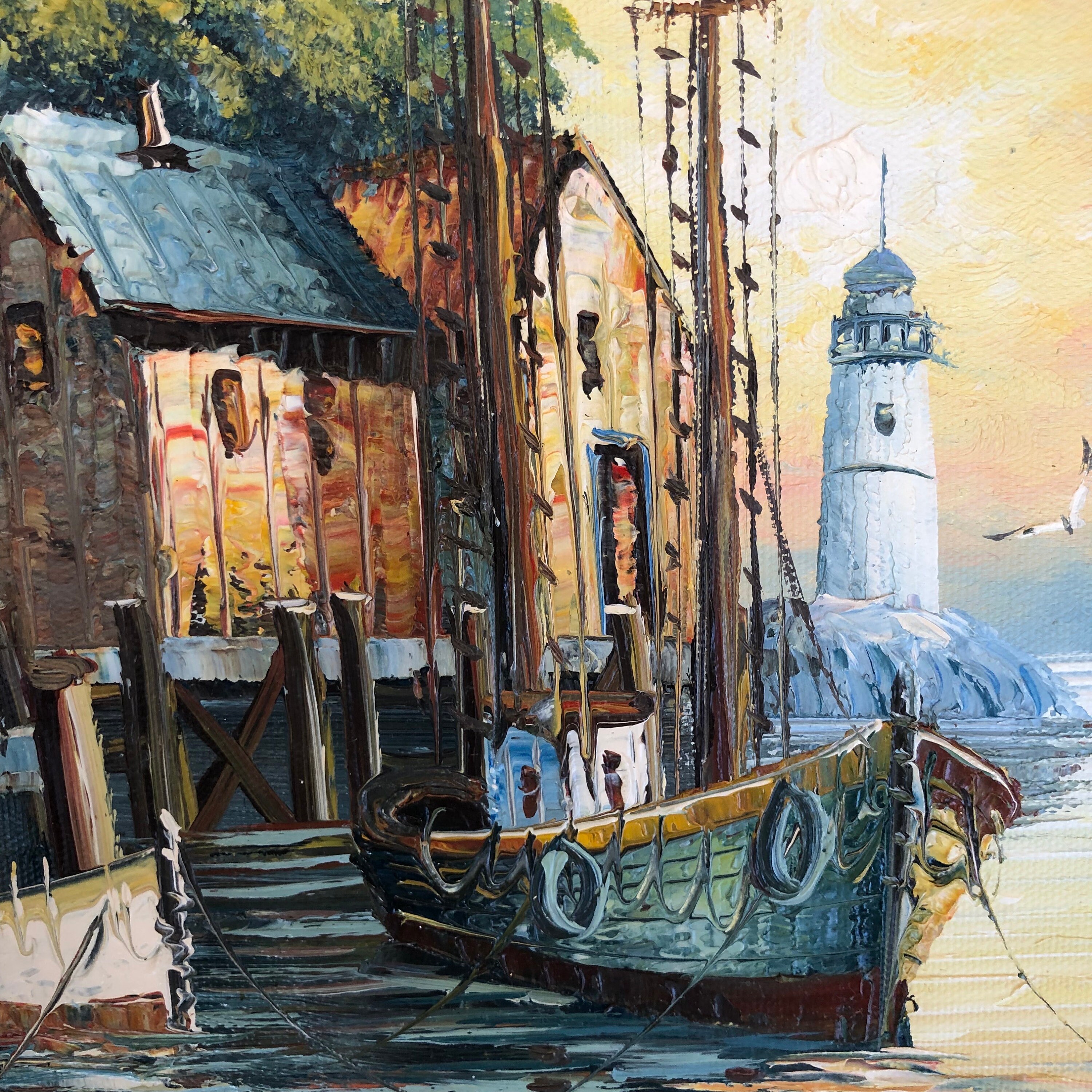 Vintage Max Savy Oil Painting: Harbour Scene With Lighthouse in