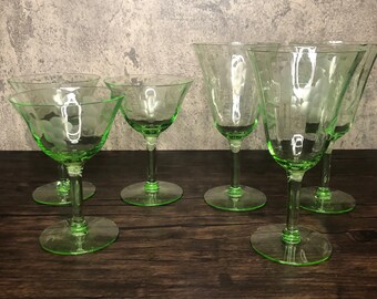 Your Choice: Set of 3 Vintage Uranium Vaseline Green Depression Optic Floral Vine Engraved Glass Champagne Coupe or Fluted Wine Glasses