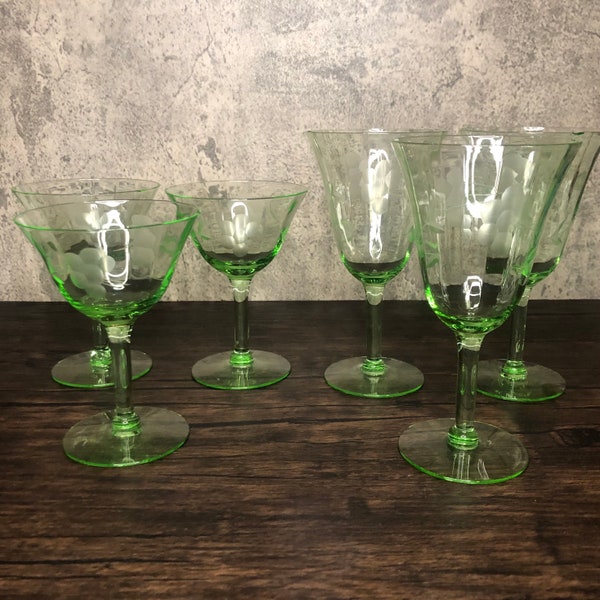 Your Choice: Set of 3 Vintage Uranium Vaseline Green Depression Optic Floral Vine Engraved Glass Champagne Coupe or Fluted Wine Glasses