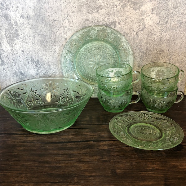 Your Choice: Replacements Vintage Indiana Glass Tiara Sandwich Chantilly Green Luncheon Plate, Coffee Tea Cups Saucer, Salad Fruit Bowl.