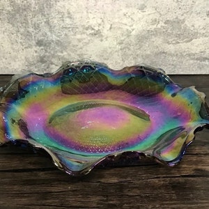 Vintage Carnival Glass Iridescent Centerpiece Bowl Ruffled Diamond Cut Dark Rainbow by Indiana Glass