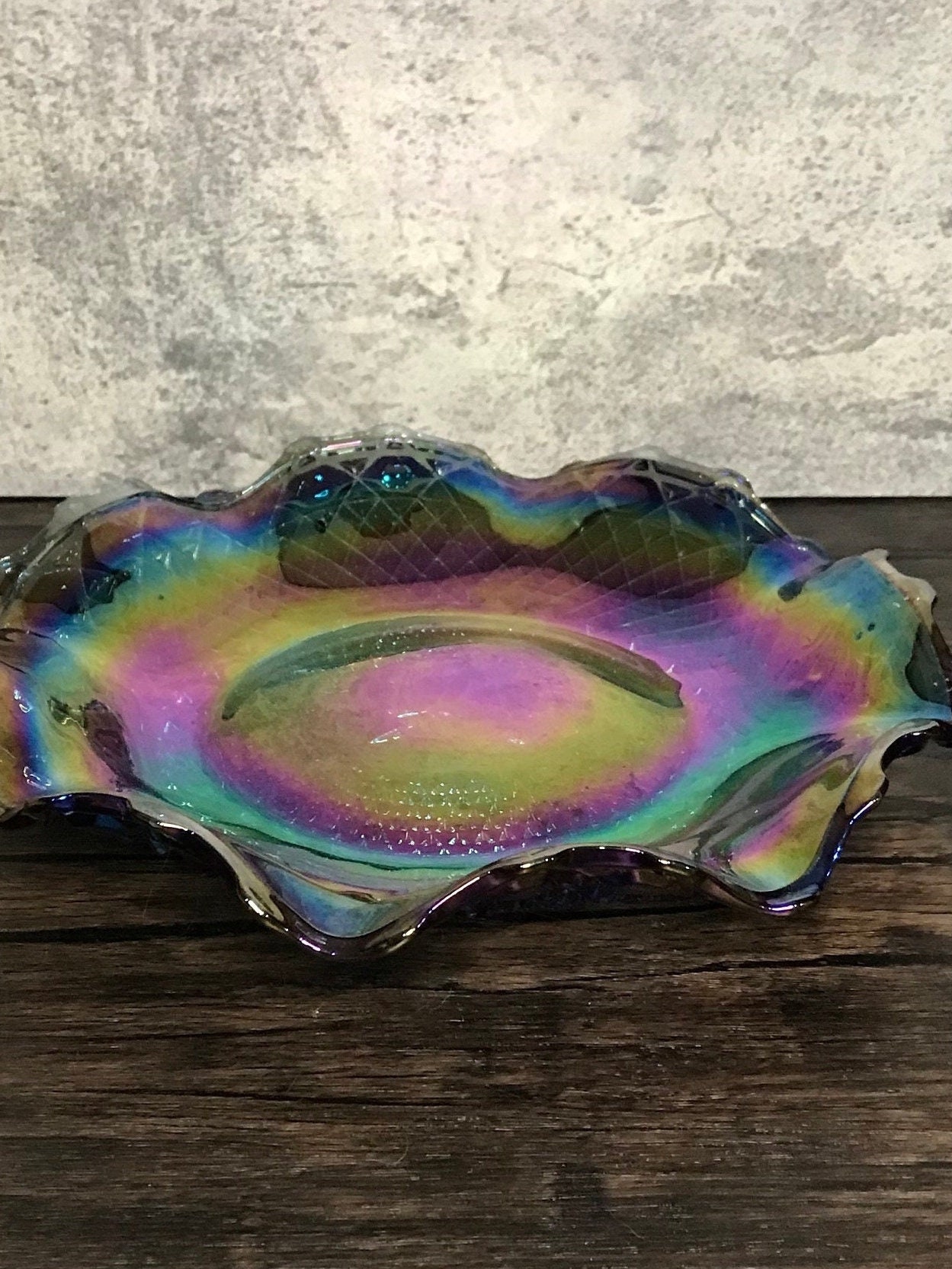 Vintage Carnival Glass Iridescent Centerpiece Bowl Ruffled Diamond Cut Dark Rainbow by Indiana Glass
