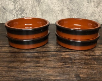 Vintage Set of 4, Cermer Rust Red and Black Terracotta Ramekin Flan Crème Brûlée Baking Cooking Dish Microwave Freezer Oven Safe Stackable