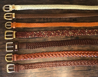 Your Choice: Vintage Braided Woven Coated and Natural Genuine Leather Cowhide Brass or Nickel Hardware Belts. Unisex. Different sizes.