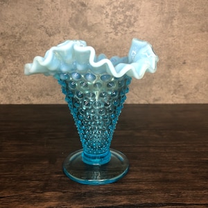 Vintage Fenton Aqua Blue Hobnail Vase: Opalescent Ruffled Rim Art Glass