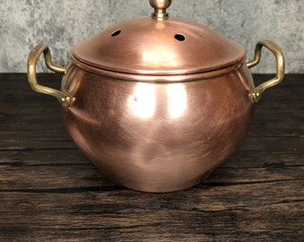 Vintage Solid Copper Potpourri Incense Simmer Pot Garlic Keeper Lidded Pot with Handles, Brass Lid Finial, and Tin Lined Interior