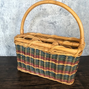 Vintage Colorful Striped Woven Wicker Rattan 4 Section Divided PicNic BBQ Party Silverware Utensil Plate Serving Handled Basket