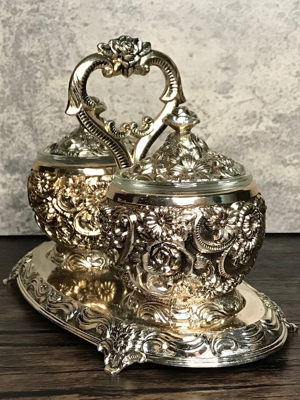 Harrison Fisher Silver Plated Floral Jam and Jelly Jars With Caddy