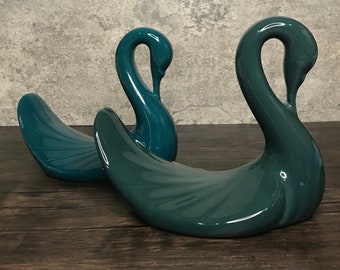 Vintage MCM Art Deco Dark Green or Turquoise Swan Towel Holder Figurine Statue Paperweight. Elegant / Bath / Lovely /