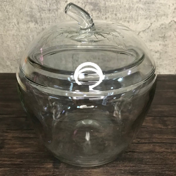 Vintage Anchor Hocking Clear Glass Apple Fruit Candy Jar Canister Kitchen Storage with Stem Lid Finial and 3 Leaf Embossed Designs on Lid