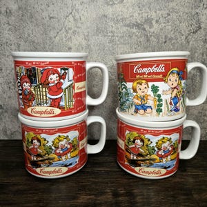 Set of 4, Vintage Campbell's Soup Company Large Character Cartoon Ceramic Soup Mug Bowls Handle, Hot Chocolate Tea Coffee Chili, 1990s