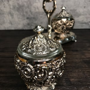 Harrison Fisher Silver Plated Floral Jam and Jelly Jars with Caddy