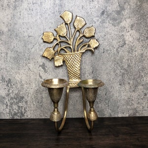 Vintage MCM Solid Brass Tulip Flower Double Candlestick Wall Sconce