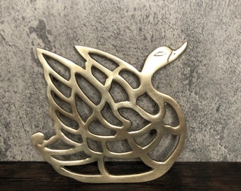 Vintage Solid Brass Pierced Metal Swan Bird Shaped Footed Hot Plate Countertop Saver Trivet Stand, 1970s. Unique Cute Kitchen Display Decor