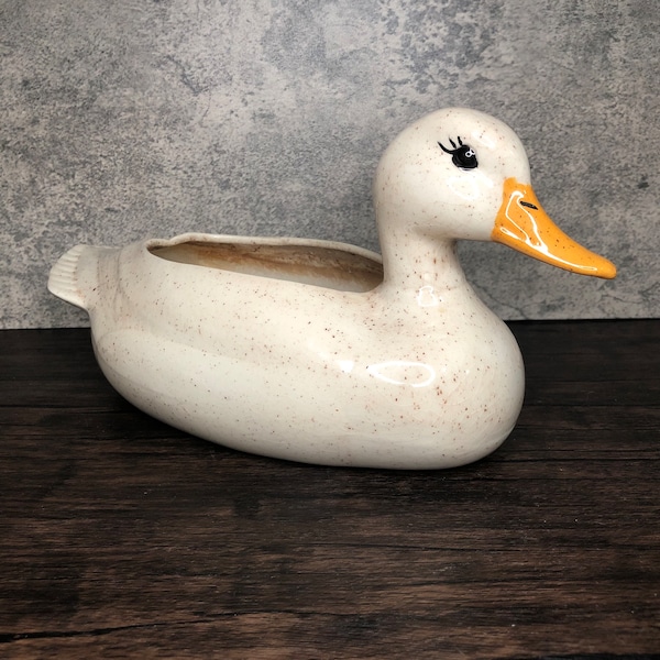 Vintage Handpainted Cream and Brown Speckled Ceramic Duck Bird Waterfowl Fowl Planter. Lovely Retro MCM Kitsch Cottagecore Interior Decor.