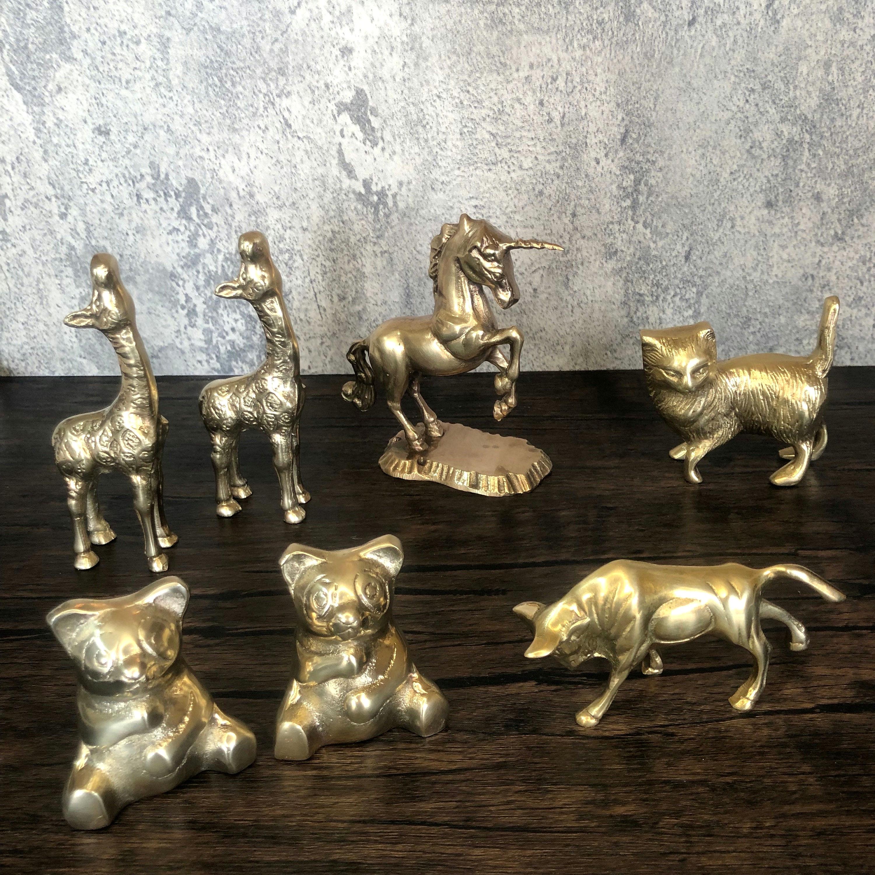Vintage Solid Brass Animal Figurine: Panda, Unicorn, Giraffe, Cat, Bull